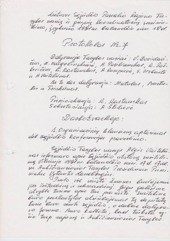 Lietuvos Sajūdžio Pasvalio rajono Tarybos narių ir grupių koordinatorių susirinkimo, įvykusio 1991 m. balandžio 18 d., Protokolas Nr. 7